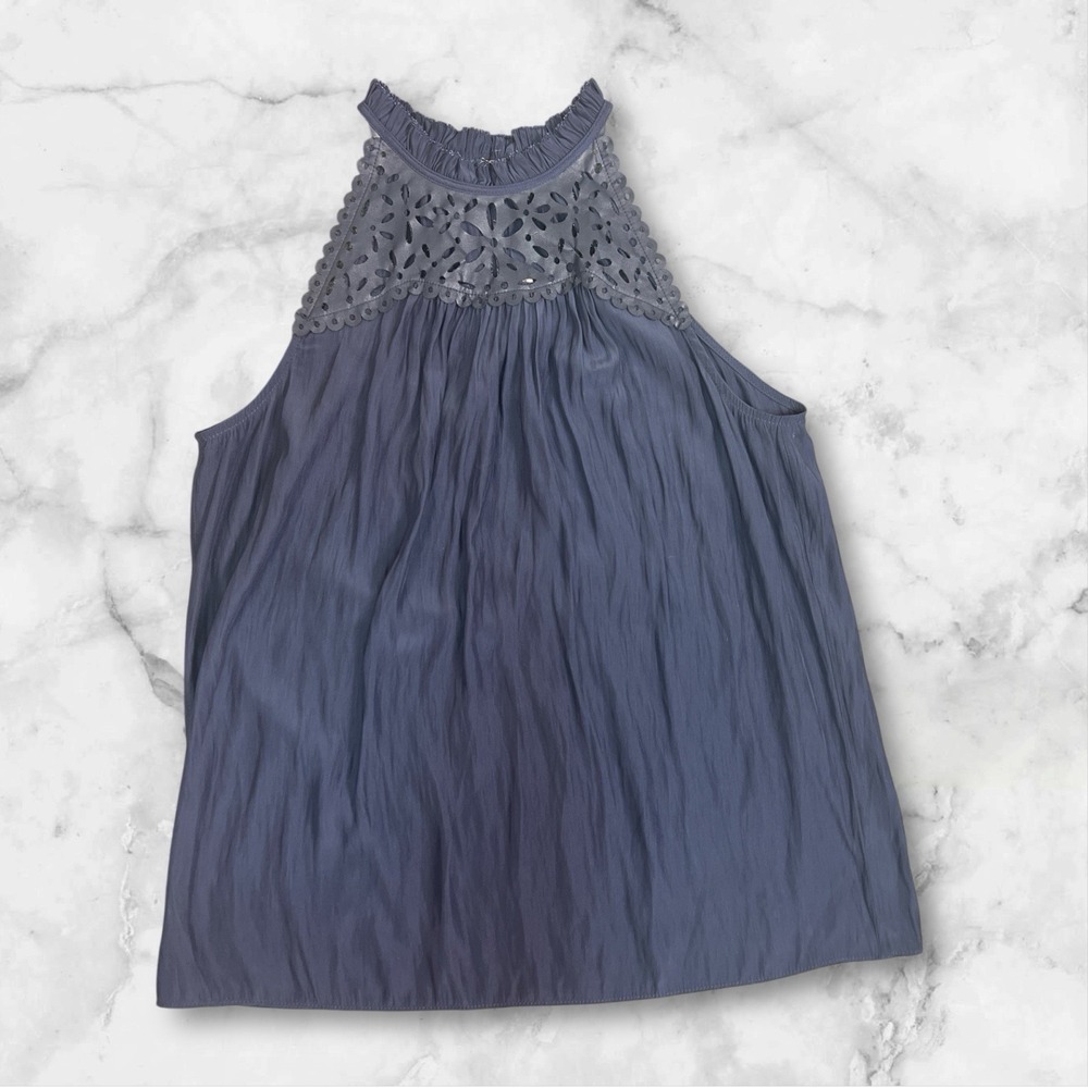 Ramy Brook Caroline High-Neck Tank Top Navy Size XS Floral Laser Cutouts NWT